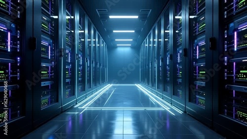 Modern data center corridor with illuminated server racks and glowing blue lights representing cloud storage and networking
