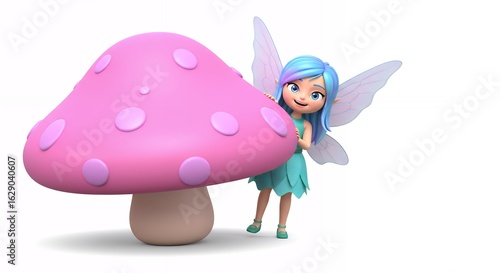 Fairy character hiding behind large pink mushroom