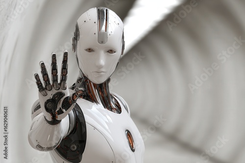 Humanoid AI assistant robot guiding travelers in a modern airport with a glowing interface screen and gesture-based directions, clean bright terminal scene.