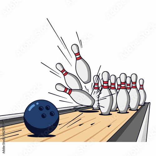 Dynamic bowling ball strikes pins, creating a powerful strike for winning game.