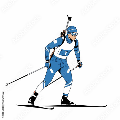 Determined biathlete skis with rifle, focused on winter competition and athletic performance achievement