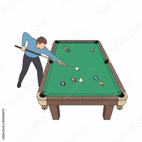 Skilled player expertly aims pool cue at billiard balls on a classic green felt table during a game