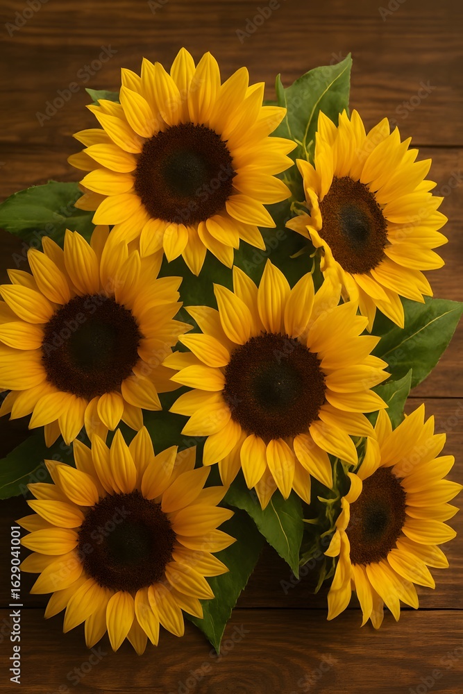 Obraz premium Top view of a vibrant bouquet of blooming sunflowers with bright yellow petals and dark centers arranged on rustic wooden background, symbolizing summer, nature, and positivity