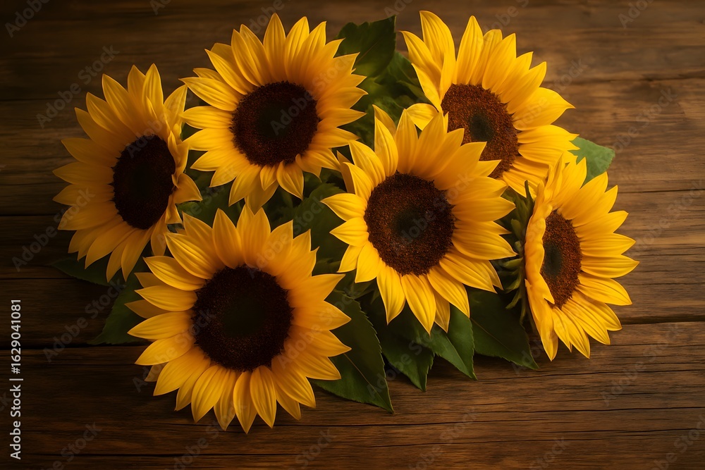 Obraz premium Top view of a vibrant bouquet of blooming sunflowers with bright yellow petals and dark centers arranged on rustic wooden background, symbolizing summer, nature, and positivity