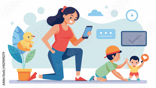 A busy mom using an interactive fitness app to stay in shape while also keeping an eye on her young child playing nearby.. Vector illustration