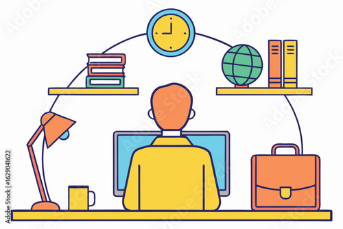 Person Working at Desk with Computer, Lamp, Books, Globe, and Clock vector illustration