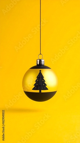 Gold and black bauble hangs against a yellow background