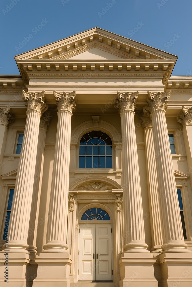 Neoclassical building facade featuring grand columns and symmetrical architecture, likely representing a courthouse, government building, or museum, under a clear blue sky.
Neoclassical building facade featuring grand columns and symmetrical architecture, likely representing a courthouse, government building, or museum, under a clear blue sky.