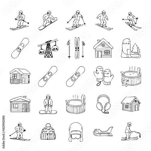 Winter Sports and Activities Doodle Illustration Set Hand Drawn Isolated Elements for Skiing Snowboarding and Cabin Retreats
