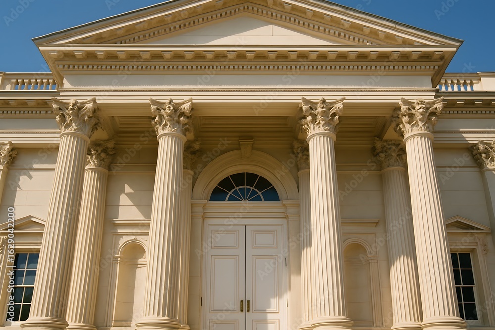 Fototapeta premium Neoclassical building facade featuring grand columns and symmetrical architecture, likely representing a courthouse, government building, or museum, under a clear blue sky.