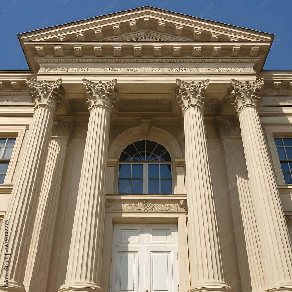 Fototapeta premium Neoclassical building facade featuring grand columns and symmetrical architecture, likely representing a courthouse, government building, or museum, under a clear blue sky.