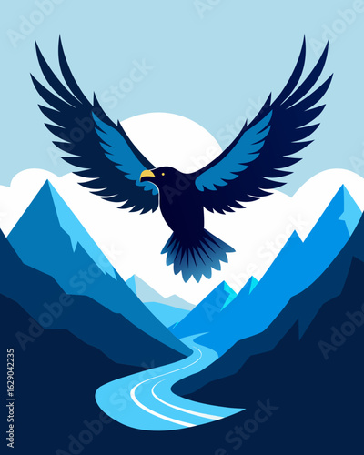 Stunning eagle soars above majestic mountains and winding road, creating a sense of freedom and adventure