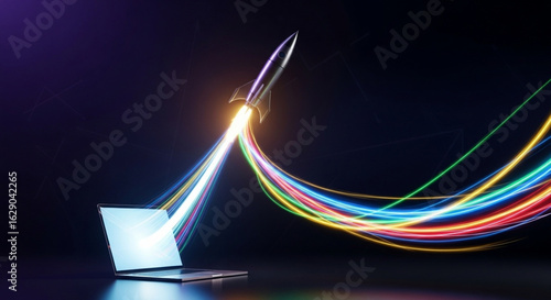 A rocket launching from a laptop screen with colorful trails symbolizing business growth
