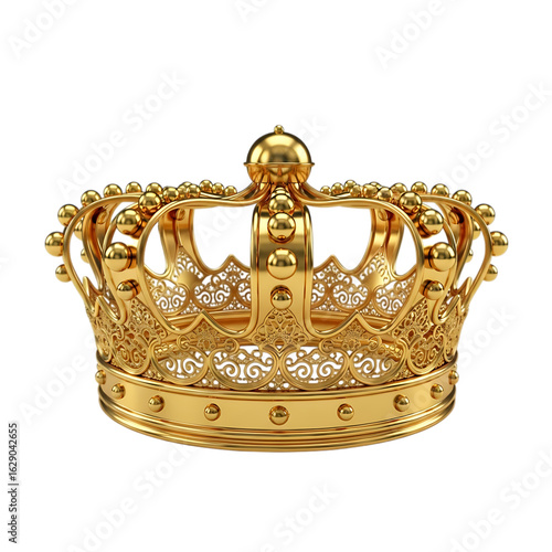 3d illustration of intricate golden crown with detailed filigree and decorative elements, isolated on transparent background