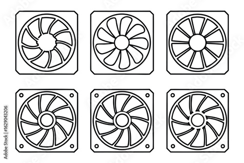 Six Different Computer Fan Designs Outline Icons on White Background cooling ventilation