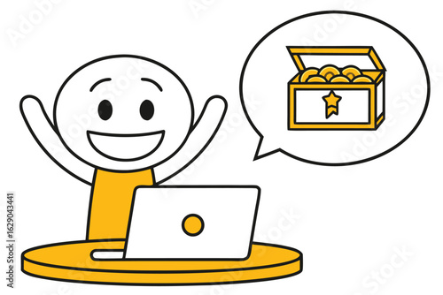 Stick Figure Celebrating Success with Laptop and Treasure Chest Thought Bubble achievement