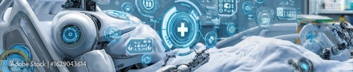 Humanoid robot nurse with glowing blue panels holding medical tools beside a hospital bed in a clean futuristic clinic, daylight, high detail.