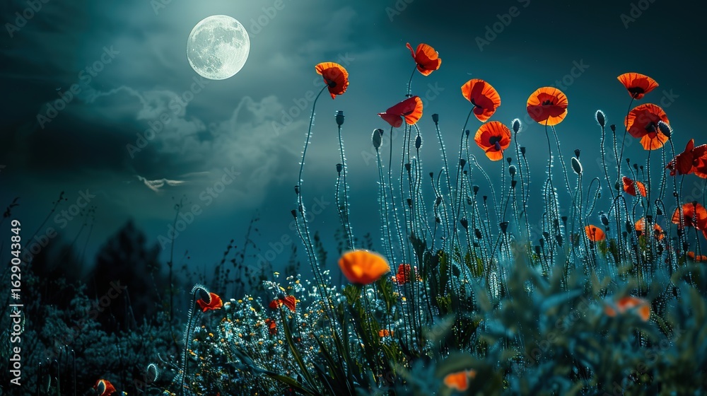 Obraz premium Orange and red poppies blooming under the glow of a full moon at night, their vibrant petals catching the silvery moonlight, set against a dark, starry sky, creating a striking and serene nocturnal 
