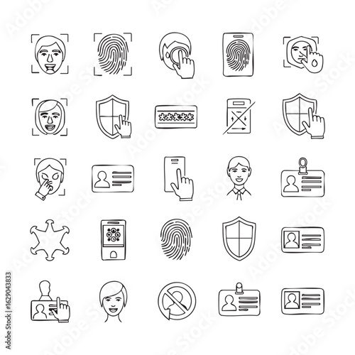 Collection of Security and Authentication Icons Representing Various Security Features and Identity Verification Methods in Digital and Physical Worlds