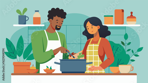 A couple works together in their kitchen one chopping herbs while the other slowly simmers a pot of lentils..