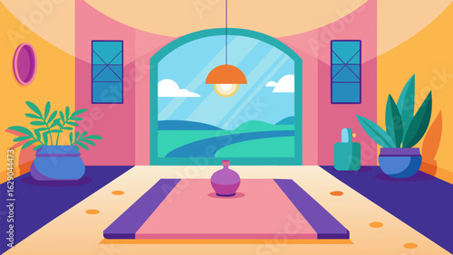 A colorful and inviting quiet room designated for light yoga sessions providing a peaceful escape from the stresses of the workday.. Vector illustration