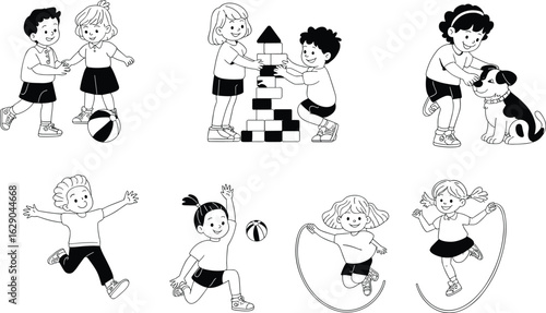 Group of happy kids playing, jumping, skipping rope, building blocks, running, petting dog, flat vector.eps