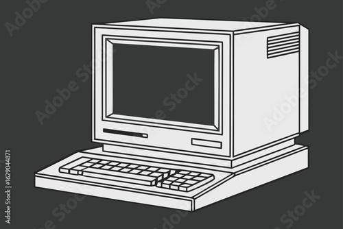Vintage Desktop Computer with Monitor and Keyboard on Dark Gray Background vintage computer