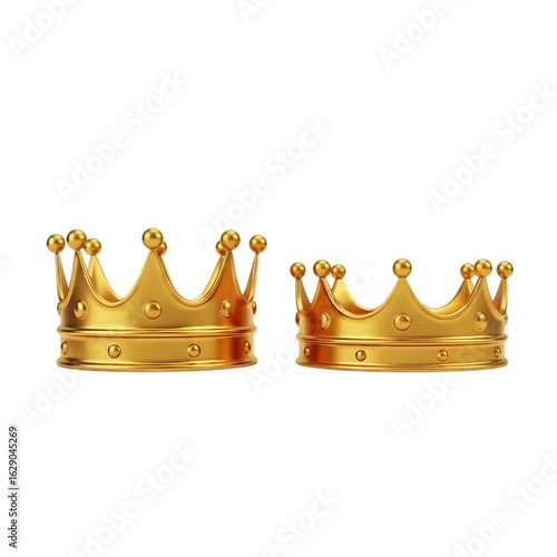 3d illustration of pair of elegant golden crowns in different sizes, symbolizing royalty and status, isolated on transparent background