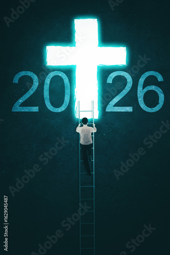 Man climbing a ladder towards a glowing cross-shaped doorway with 2026 text.