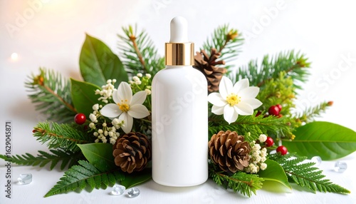 White bottle surrounded by Christmas greenery
