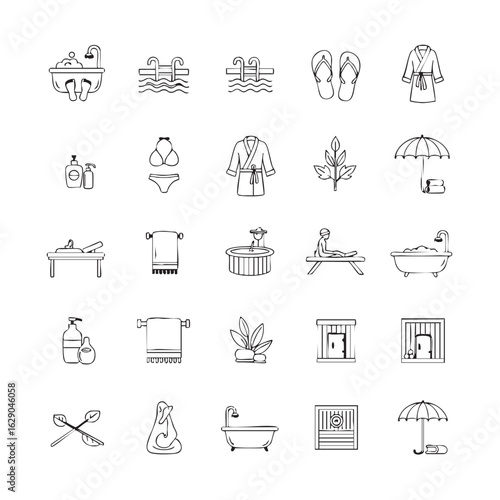 Spa and wellness doodle vector icons depicting relaxation and treatment facilities perfect for wellness center or resort promotion materials
