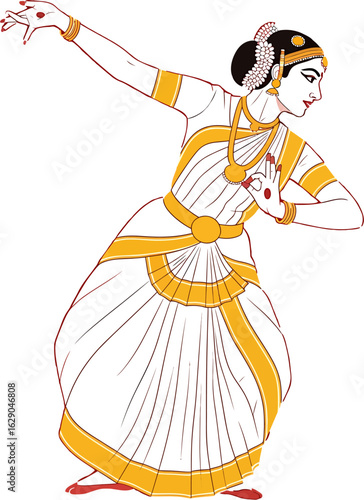 Graceful illustration of an Indian classical dancer in a traditional costume performing a mudra hand gesture.