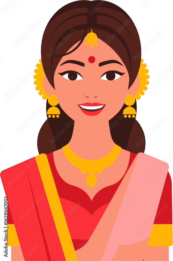 Beautiful smiling Indian woman in traditional sari and ethnic jewelry. Vector portrait illustration of a happy female. Beautiful smiling Indian woman in traditional sari and ethnic jewelry. Vector portrait illustration of a happy female.