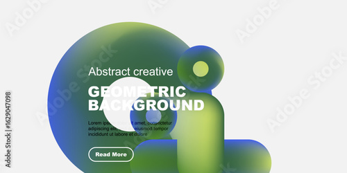Abstract geometric background features vibrant green, yellow shapes. Text includes sample content, button for more information. Minimalist design.