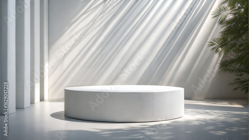 White cylindrical display stage with palm leaf shadows and vertical wall panels podium cylinder