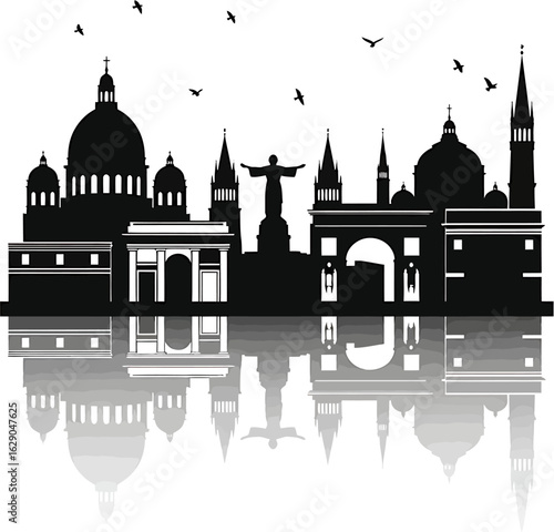 World landmarks silhouette collage forming a generic city skyline with famous architectural monuments and a clear water reflection.
