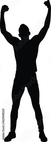 Silhouette of a Man Celebrating with Raised Arms in Victory Pose
