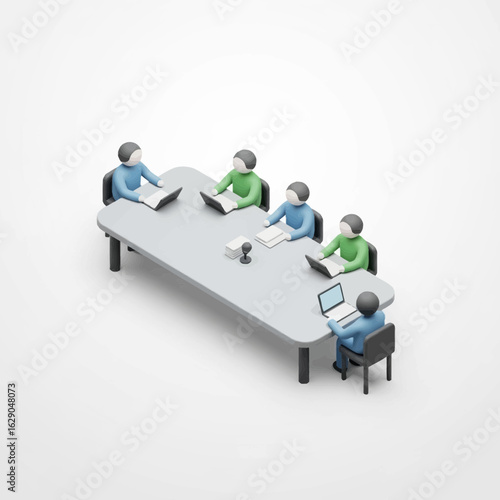 Miniature figures sit at a table with laptops in a bright setting.