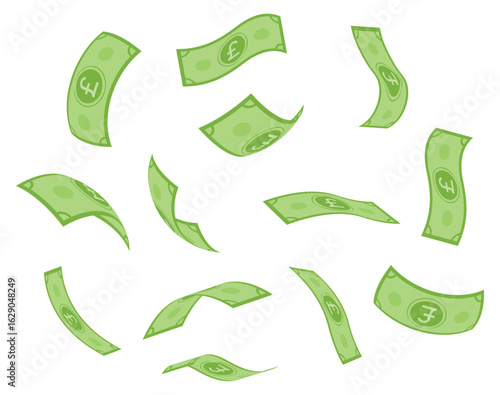 Flying British pound currency notes, green banknotes in air, flat vector money illustration of £ symbol bills floating and falling, isolated on white background, perfect for finance and economy design
