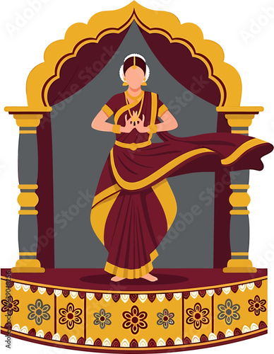 Graceful Indian classical dancer in a traditional costume performing a mudra on an ornate, decorative stage.