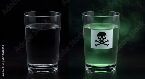 A glass of pure water labeled with a poison symbol emits a sickly aura, a powerful metaphor for the nocebo effect and how negative belief can cause harm.