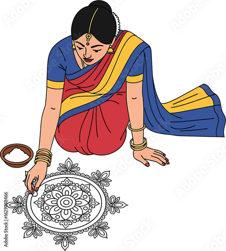 An Indian woman in a traditional sari sits on the floor meticulously drawing a rangoli for a festive celebration.