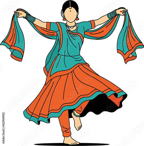 Stylized vector illustration of a graceful Indian woman performing a traditional cultural dance in colorful attire.