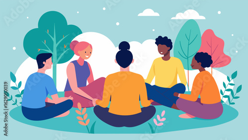 A group of friends gathers in a park sitting in a circle and engaging in a mindful listening session to work through a conflict that has arisen..