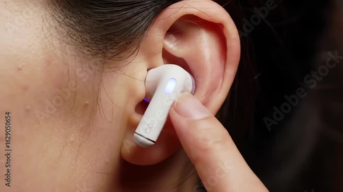 Close Up Of White Earbud in Ear with Finger Touching it in Dark Indoor Setting