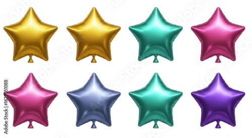 Collection of shiny metallic star balloons isolated on transparent background