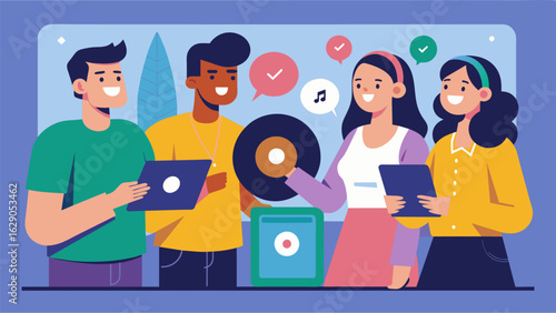 A group of friends discussing the benefits of regularly cleaning and maintaining their records at the music bars record cleaning service. Vector illustration
