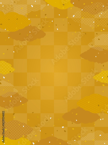 金色の市松模様と和柄の雲の背景・フレーム素材（縦向き）