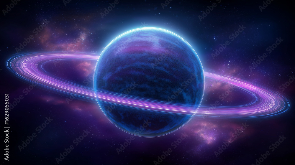Obraz premium A majestic planet with glowing rings floating in a star-filled cosmic landscape.