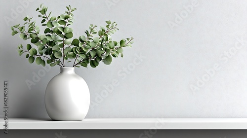 Elegant minimalist ceramic vase with single eucalyptus branch on clean white shelf, blank wall background for design mockup, modern home interior and natural decor concept.